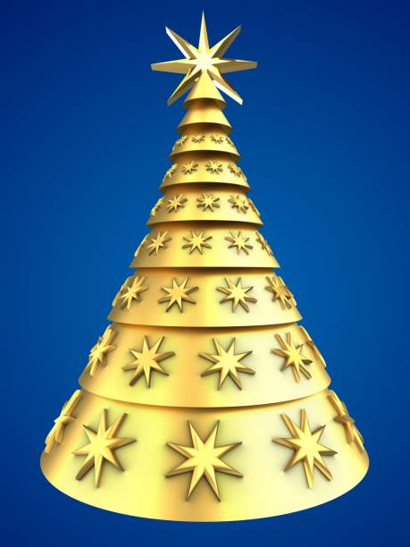 istock 3d golden Christmas tree over blue 871700878