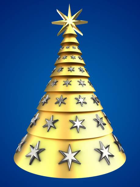 istock 3d golden Christmas tree over blue 871702762
