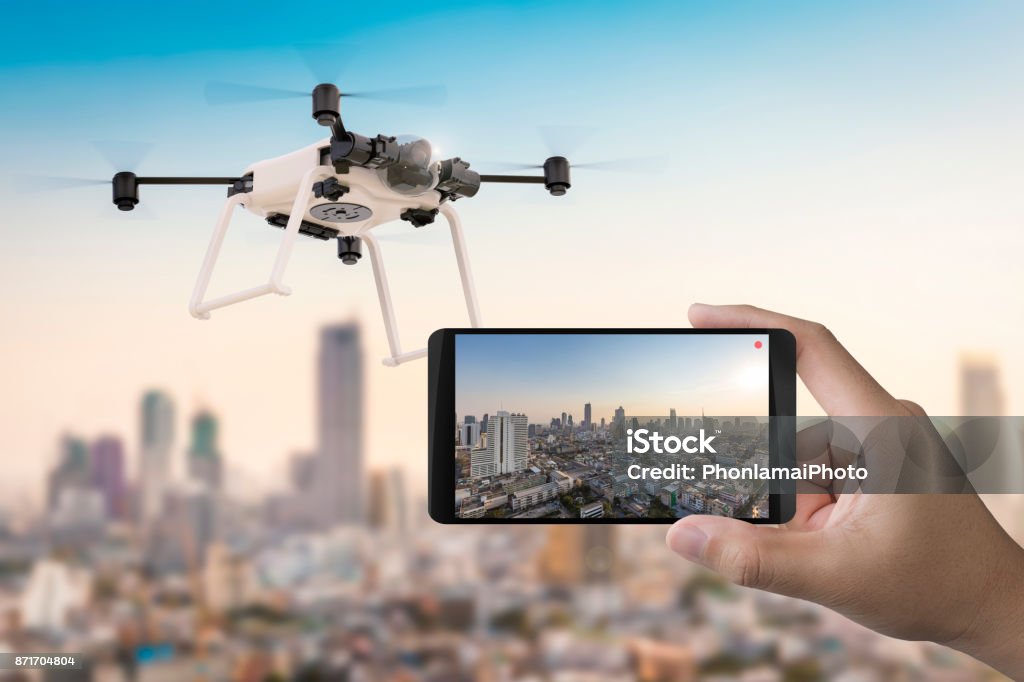 mobile with drone 3d rendering mobile phone with flying drone Drone Stock Photo