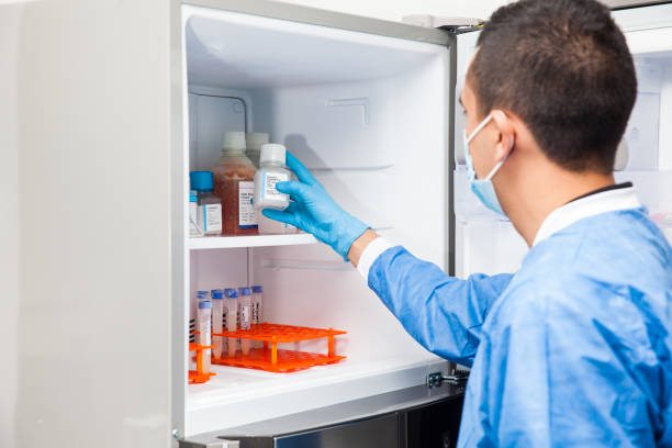 istock Male scientist and laboratory freezer 871706404