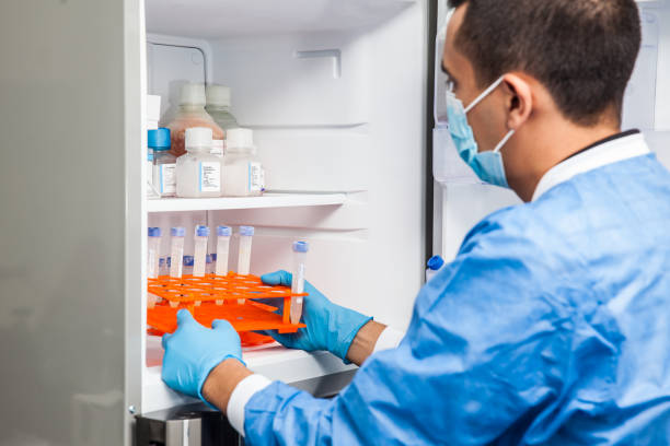 istock Male scientist and laboratory freezer 871706440