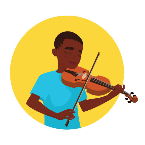 ミュージシャン演奏ヴァイオリン。少年バイオリニストは、古典的な楽器を演奏するのに触発されて。ベクトル - musical theater child violin musical instrument点のイラスト素材／クリップアート素材／マンガ素材／アイコン素材