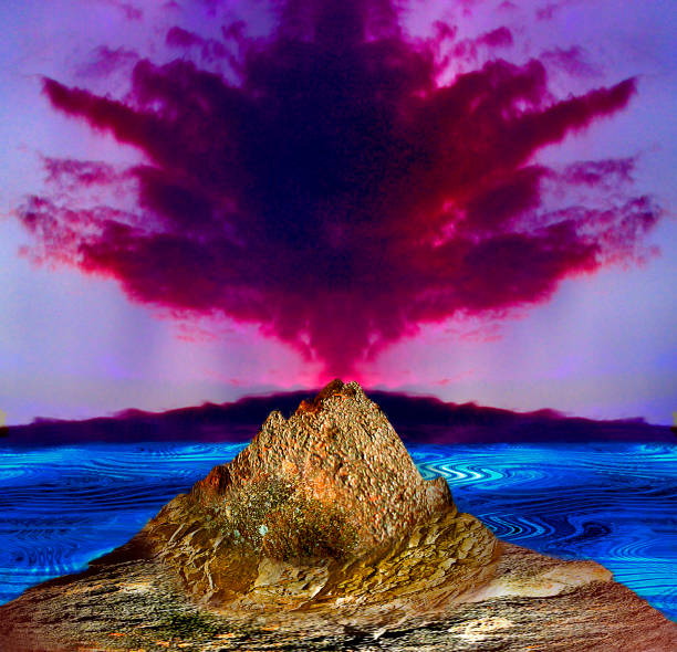 istock Lava island with volcano, sea and red smoke 871706906
