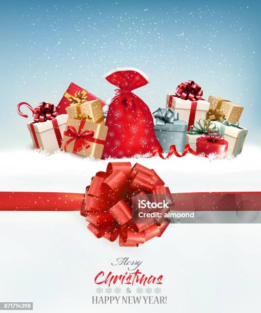 Merry Christmas Background With Branches Of Tree And Gift Boxesvector - Arte vetorial de stock e mais imagens de Prenda de Natal
