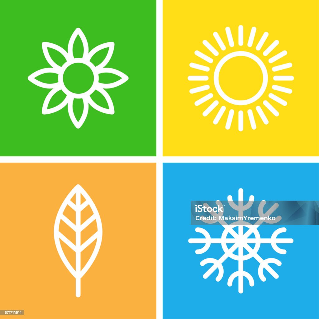 Seasons - winter, spring, summer and autumn. Seasons - winter, spring, summer and autumn. Four seasons icon set. Vector illustration isolated on white background Four Seasons stock vector