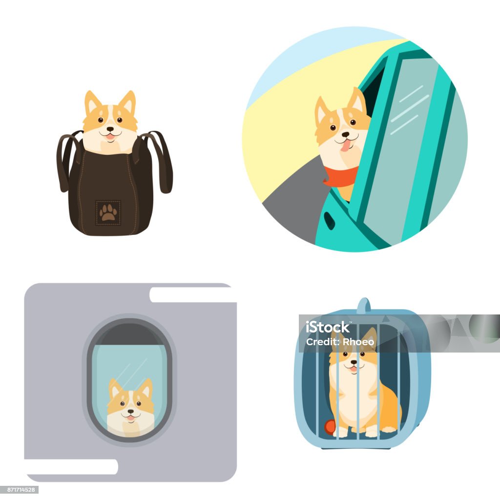 Illustration vectorielle de chien dans un sac, dans la cage pour animaux de compagnie, transport de chiens en avion et voiture. - clipart vectoriel de Chien libre de droits