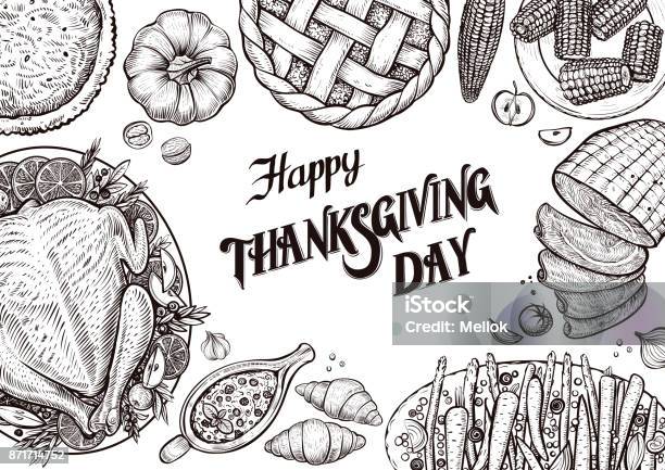 Dinner Table Top View Template With Vector Illustrations Of Food For Tradition Thanksgiving Day Menu Stock Illustration - Download Image Now