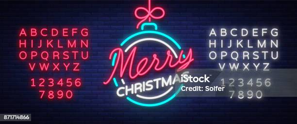 Merry Christmas And A Happy New Year Greeting Card Or Invitation Pattern In Neon Style Neon Luminous Signboard Bright Luminous Banner Vector Vintage Illustration Editing Text Neon Sign Stock Illustration - Download Image Now