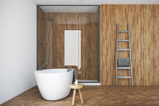 istock White and wooden bathroom, white tub, shower 871717904