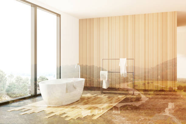 istock White and wooden bathroom, white tub, loft toned 871718286