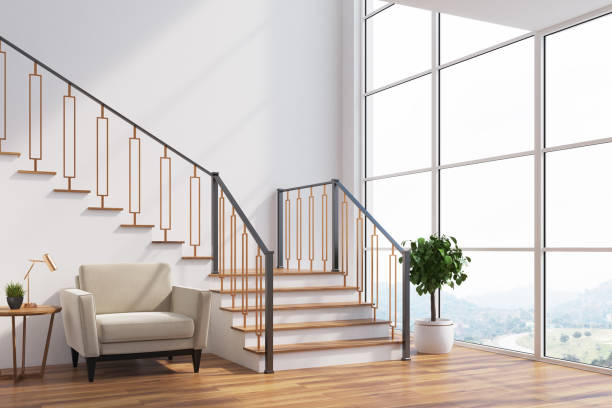 istock White living room interior, stairs, armchair, side 871718664