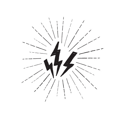 Lightning bolt set. Grunge strike icon. Power sign. Thunderbolt with ray beams