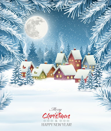 Holiday Christmas background with a village and  trees. Vector.
