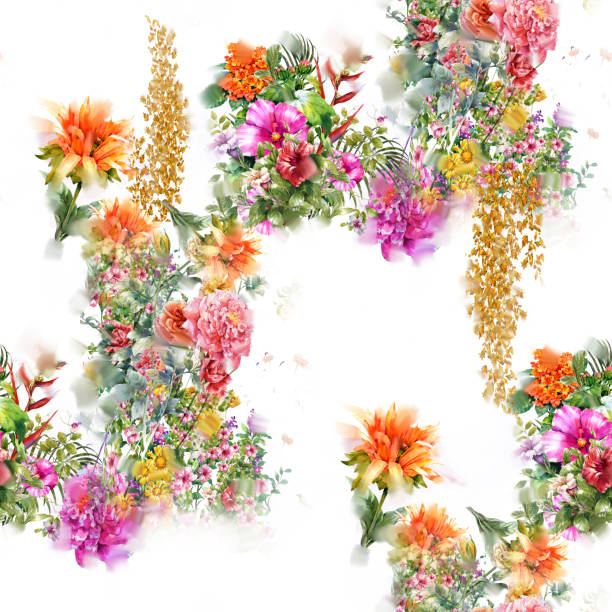 istock Watercolor painting of leaf and flowers, seamless pattern on white background 871723064