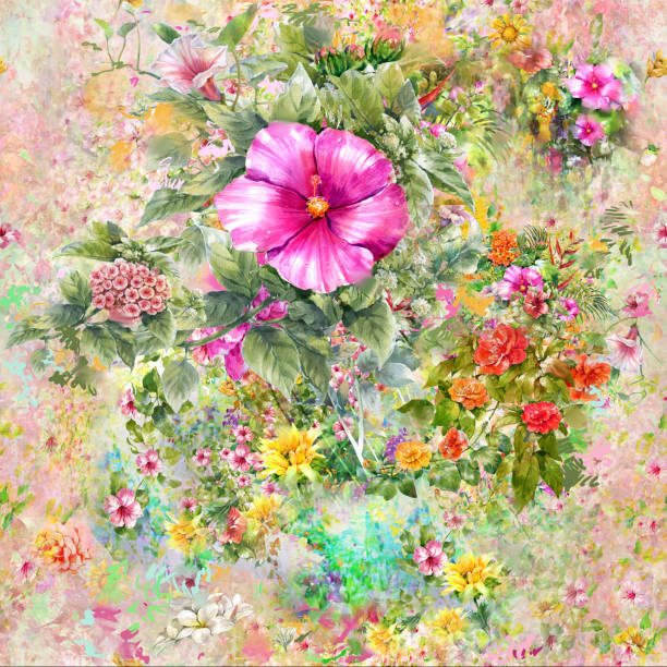 istock Watercolor painting of leaf and flowers, seamless pattern 871723142