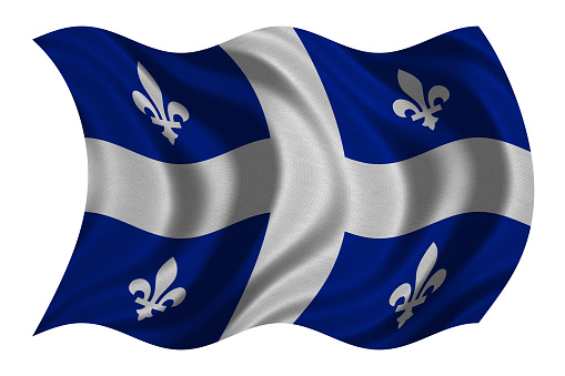 Canadian provincial flag, QC patriotic element and official symbol. Canada Quebec banner and background. Flag of the Canadian province of Quebec wavy isolated on white, fabric texture, 3D illustration