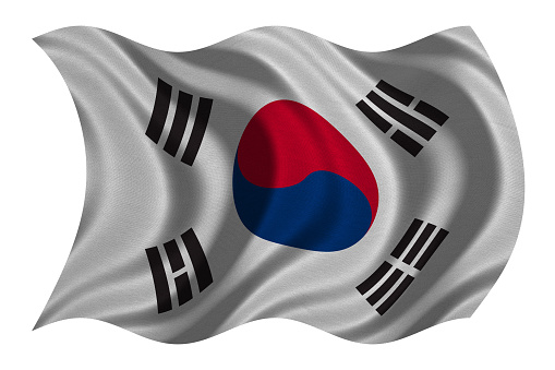 South Korean national official flag. Patriotic symbol, banner, element, background. Correct colors. Flag of South Korea with real detailed fabric texture wavy isolated on white, 3D illustration