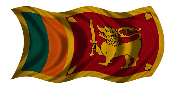 Sri Lankan national official flag. Patriotic symbol, banner, element, background. Correct colors. Flag of Sri Lanka with real detailed fabric texture wavy isolated on white, 3D illustration