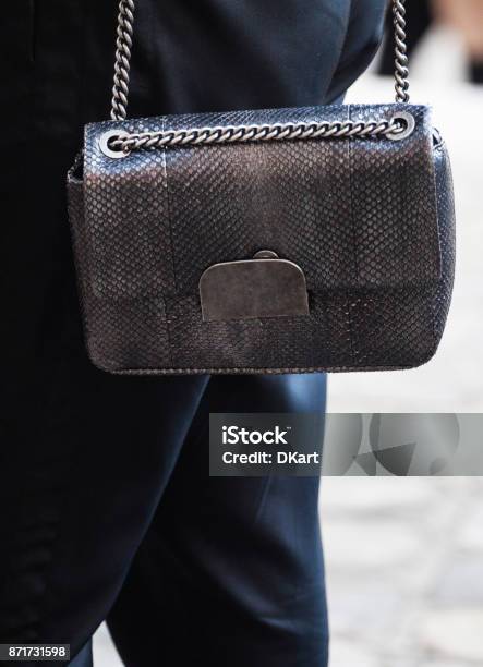 Woman With Black Chanel Leather Bag With Silver Chain Stock Photo - Download  Image Now - iStock