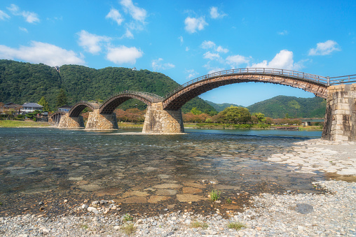 Kintai Bridge. Historical wooden arch bridge. Kintaikyo, Iwakuni, Yamaguchi Prefecture, Japan