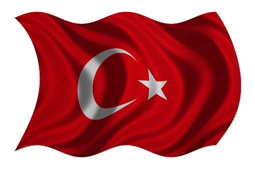 Turkish national official flag. Patriotic symbol, banner, element, background. Correct colors. Flag of Turkey with real detailed fabric texture wavy isolated on white, 3D illustration