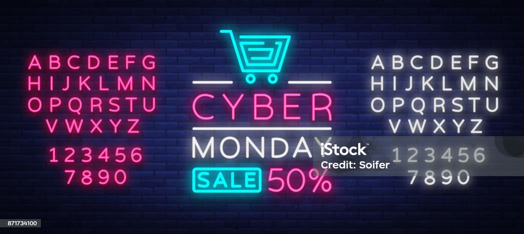 Cyber Monday, discount sale concept illustration in neon style, online shopping and marketing concept, vector illustration. Neon luminous signboard, bright banner. Editing text neon sign Cyber Monday, discount sale concept illustration in neon style, online shopping and marketing concept, vector illustration. Neon luminous signboard, bright banner. Editing text neon sign. Neon Lighting stock vector