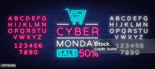 Cyber Monday Discount Sale Concept Illustration In Neon Style Online Shopping And Marketing Concept Vector Illustration Neon Luminous Signboard Bright Banner Editing Text Neon Sign Stock Illustration - Download Image Now