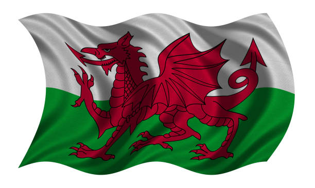 flag of wales wavy on white, fabric texture - welsh culture wales welsh flag dragon imagens e fotografias de stock