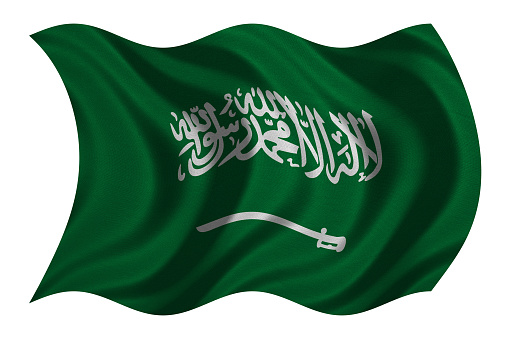 Saudi Arabian national official flag. Patriotic symbol, banner, element, background. Correct colors. Flag of Saudi Arabia with real detailed fabric texture wavy isolated on white, 3D illustration