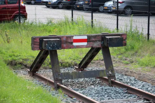 Buffer stop on the end of railroadtrack on station of t Harde in the Netherlands