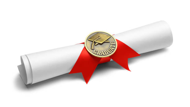 Diploma Graduate Scroll Diploma with Graduate Medal and Red Ribbon Isolated on White Background. mortarboard photos stock pictures, royalty-free photos & images