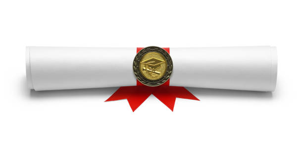 Diploma Degree Front View Graduation Degree Scroll with Medal Isolated on White Background. masters degree photos stock pictures, royalty-free photos & images
