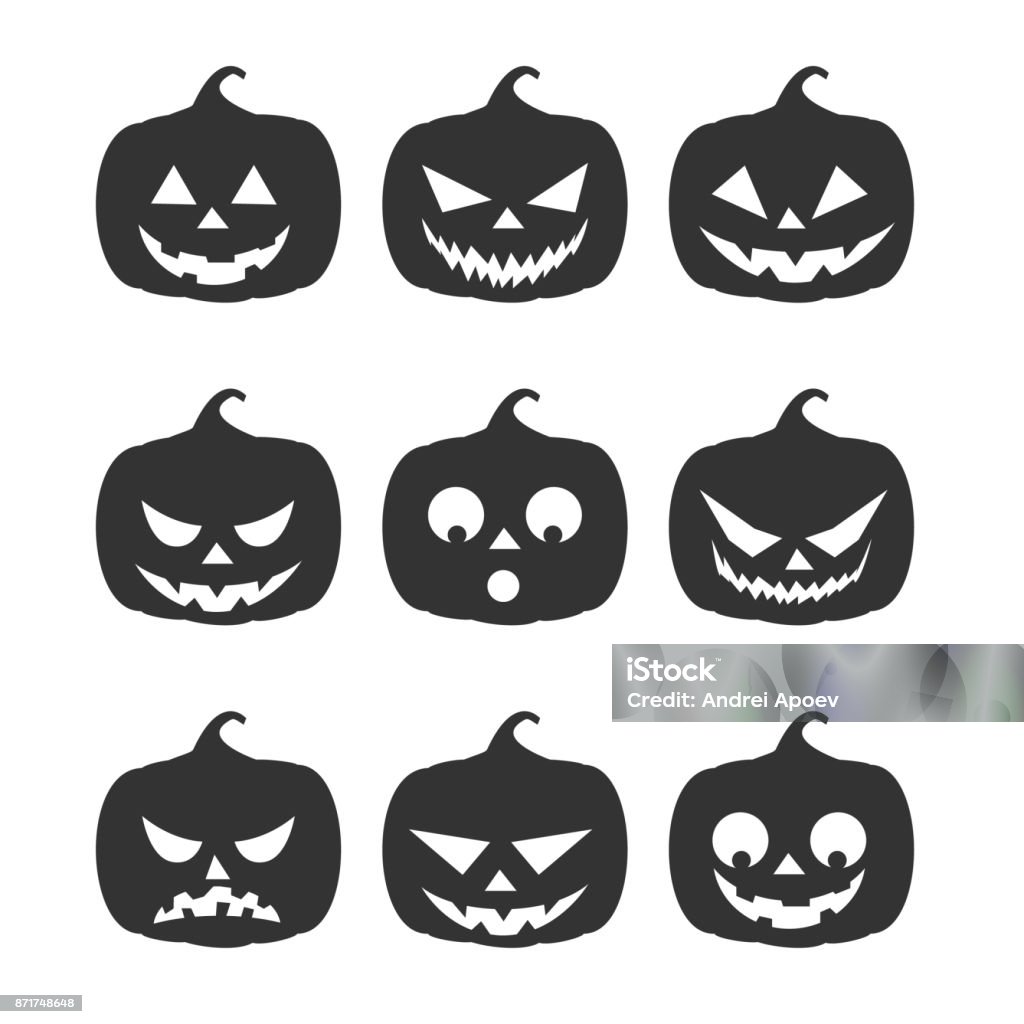 nine dark silhouette pumpkins with different emotions on an isolated background for halloween Abstract stock vector