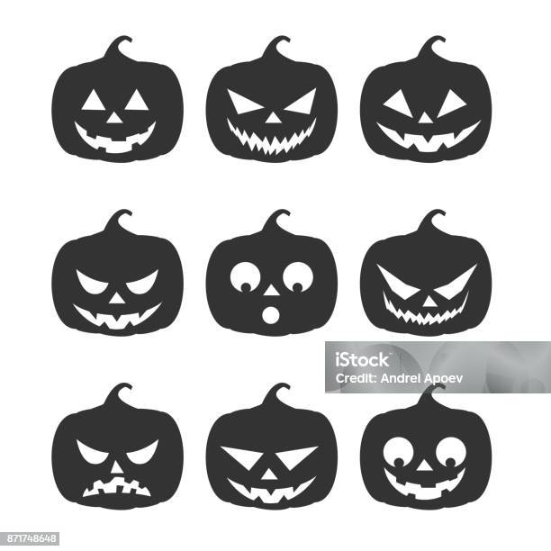 Nine Dark Silhouette Pumpkins With Different Emotions On An Isolated Background For Halloween Stock Illustration - Download Image Now