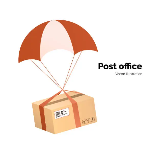 Vector illustration of Post office. Parcel with parachute for shipping, flat vector illustration