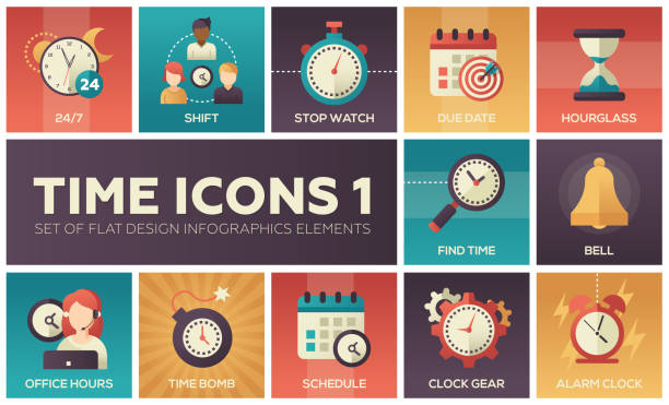 Time icons - modern set of flat design infographics elements Time icons - modern set of flat design infographics elements. Colorful images of shift, stop watch, due date, hourglass, find time, bell, office hours, time bomb, schedule, clock gear, alarm 24 hrs stock illustrations