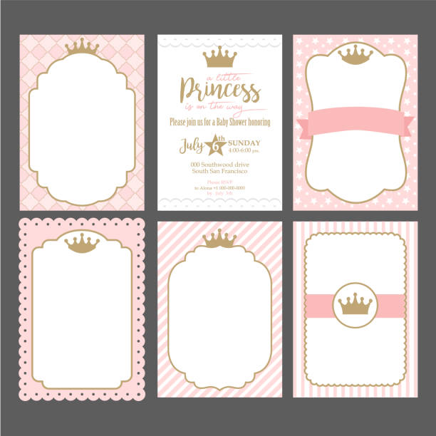 illustrazioni stock, clip art, cartoni animati e icone di tendenza di un set di simpatici modelli rosa per gli inviti. telaio in oro vintage con corona. una piccola festa da principessa. - principessa