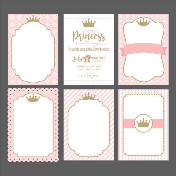 A set of cute pink templates for invitations. Vintage gold frame with crown. A little princess party. Baby shower, wedding, girl birthday invite card. Can be used for printing in A5 paper. princess stock illustrations