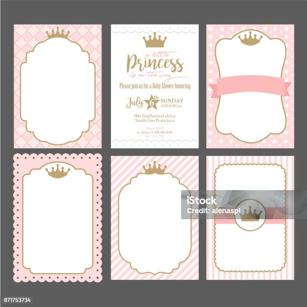 A Set Of Cute Pink Templates For Invitations Vintage Gold Frame With Crown A Little Princess Party Stock Illustration - Download Image Now