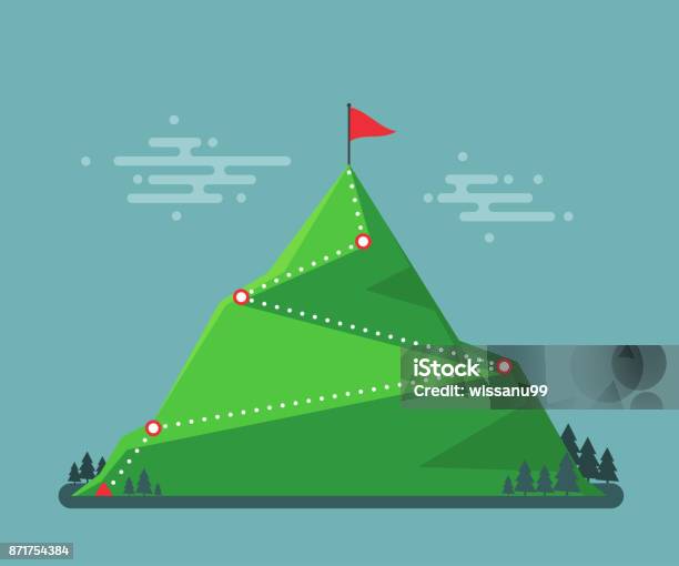 Trail To Winner Climbing Hiking Flag On The Mountain Peak Way To Successful Business Vector Illustration Stock Illustration - Download Image Now