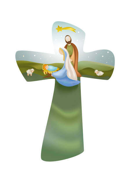 kreuz mit weihnachtskrippe - cross backgrounds christianity family stock-grafiken, -clipart, -cartoons und -symbole