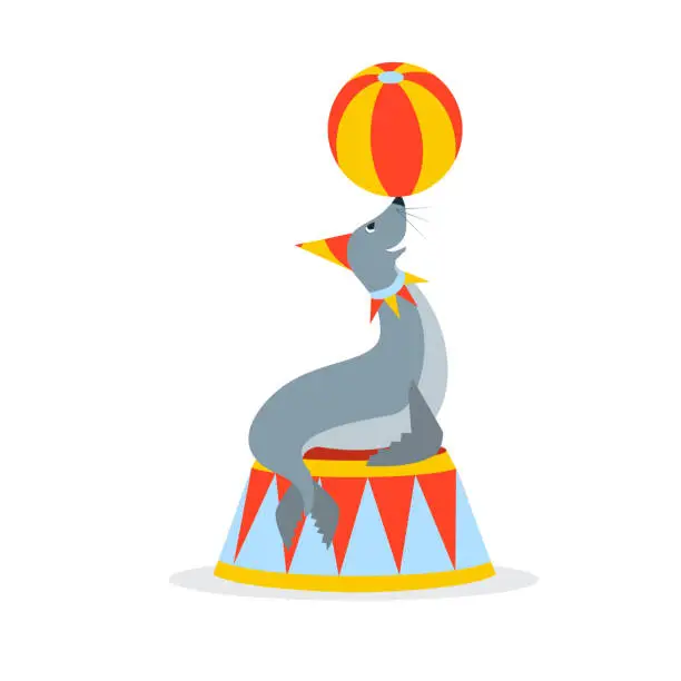 Vector illustration of circus sea cat (seal) is standing on the podium and balancing with a big ball on the nose
