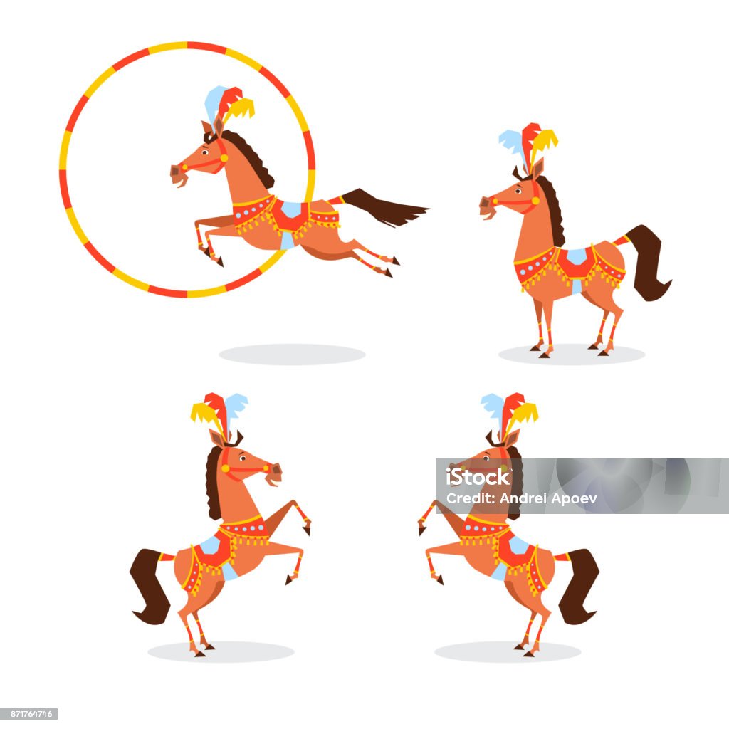 circus horse in a beautiful suit, jewelery, feathers jumps through the hoop, stands on its hind legs. different poses Carousel Horses stock vector