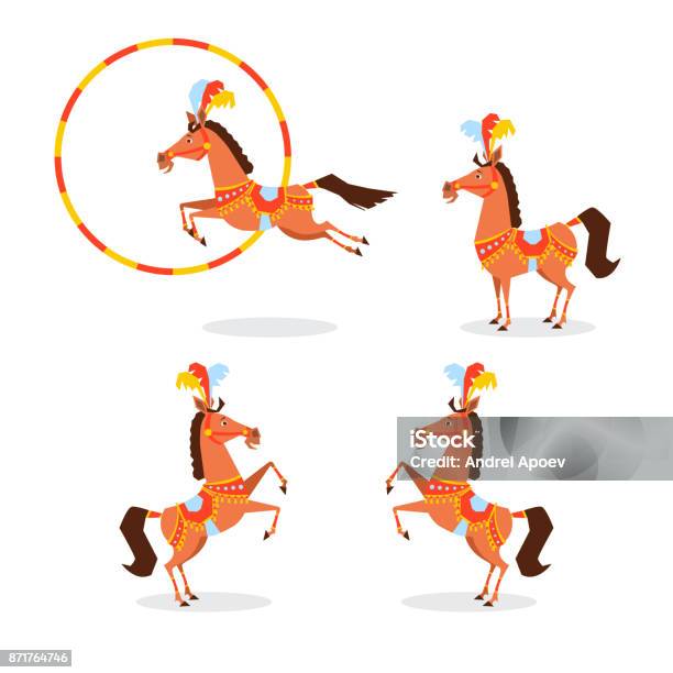 Circus Horse In A Beautiful Suit Jewelery Feathers Jumps Through The Hoop Stands On Its Hind Legs Different Poses Stock Illustration - Download Image Now