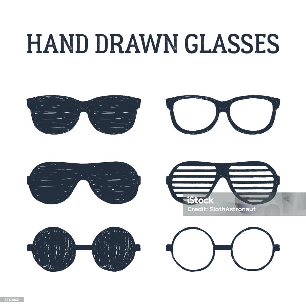 Hand drawn eye glasses and sunglasses illustrations set. Hand drawn eye glasses and sunglasses textured vector illustrations set. Sunglasses stock vector