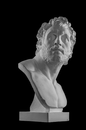 3d render illustration of antique greek female sculpture profile view on dark background.