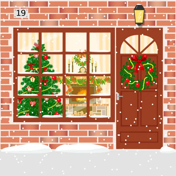 Vector illustration of Christmas decorated door, house entrance with wreath