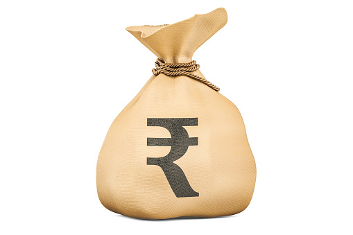 Money bag with rupee, 3D rendering isolated on white background