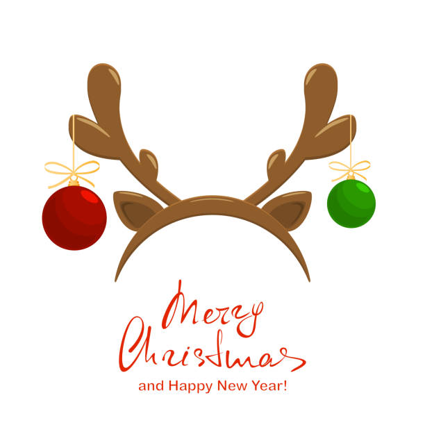 Merry Christmas and deer antler with balls Christmas balls and holiday mask with reindeer antler isolated on white background. Text Merry Christmas and Happy New Year, illustration. antler stock illustrations