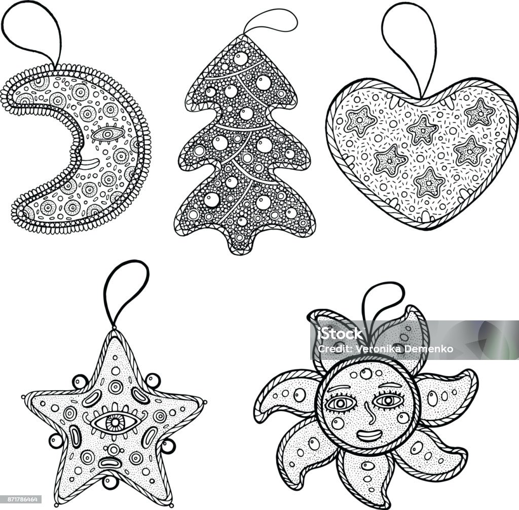Set of Christmas decoration for christmas tree - star, moon, sun Set of Christmas decoration for christmas tree - star, moon, sun, heart and christmas tree. coloring page - collection. Vector illustration. Adult stock vector